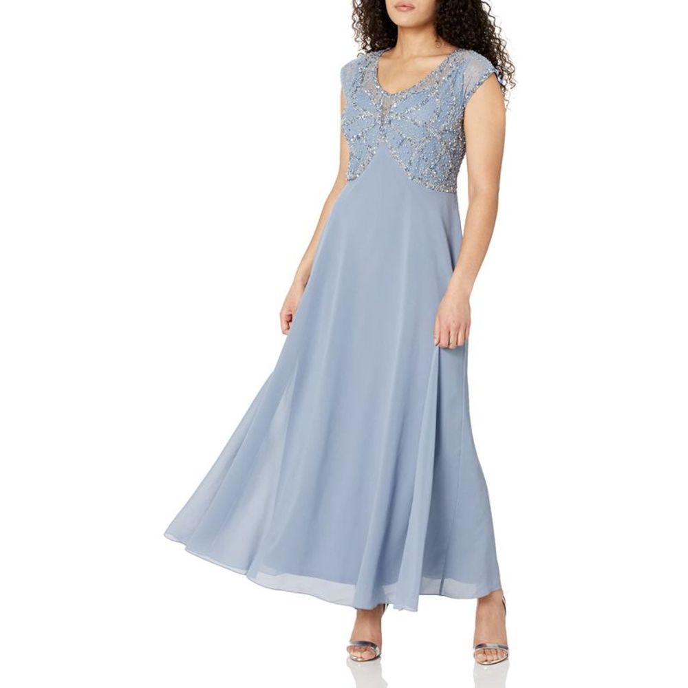 J-Kara Womens Petite Embellished Chiffon Dress, Dusty Blue/Silver, 8P, Size: 8p